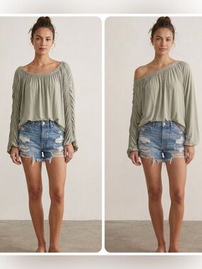 Free People Serenade Tee Sage Green Ruched Sleeve Convertible Top Small